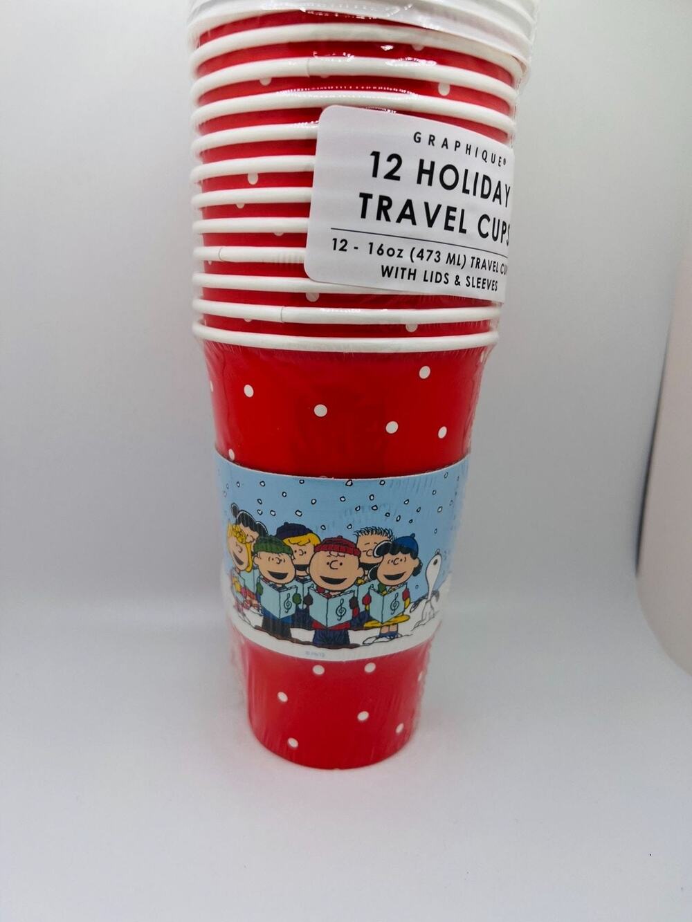 12 Holiday Travel Cups With Lids & Sleeves - 16oz Peanuts Christmas Design